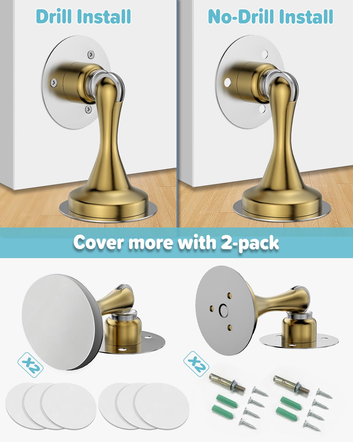 Door Stoppers for Bottom of Door Magnetic Door Catch 2 Pack Gold Wall Mount (2 Count)