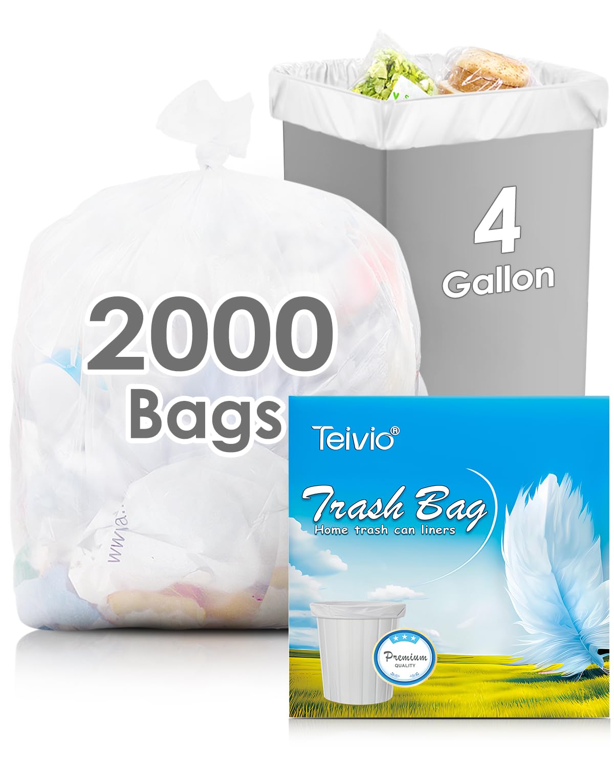 Small Clear Trash Bags 4 Gallon 2000 Count Kitchen Bulk Garbage Bags