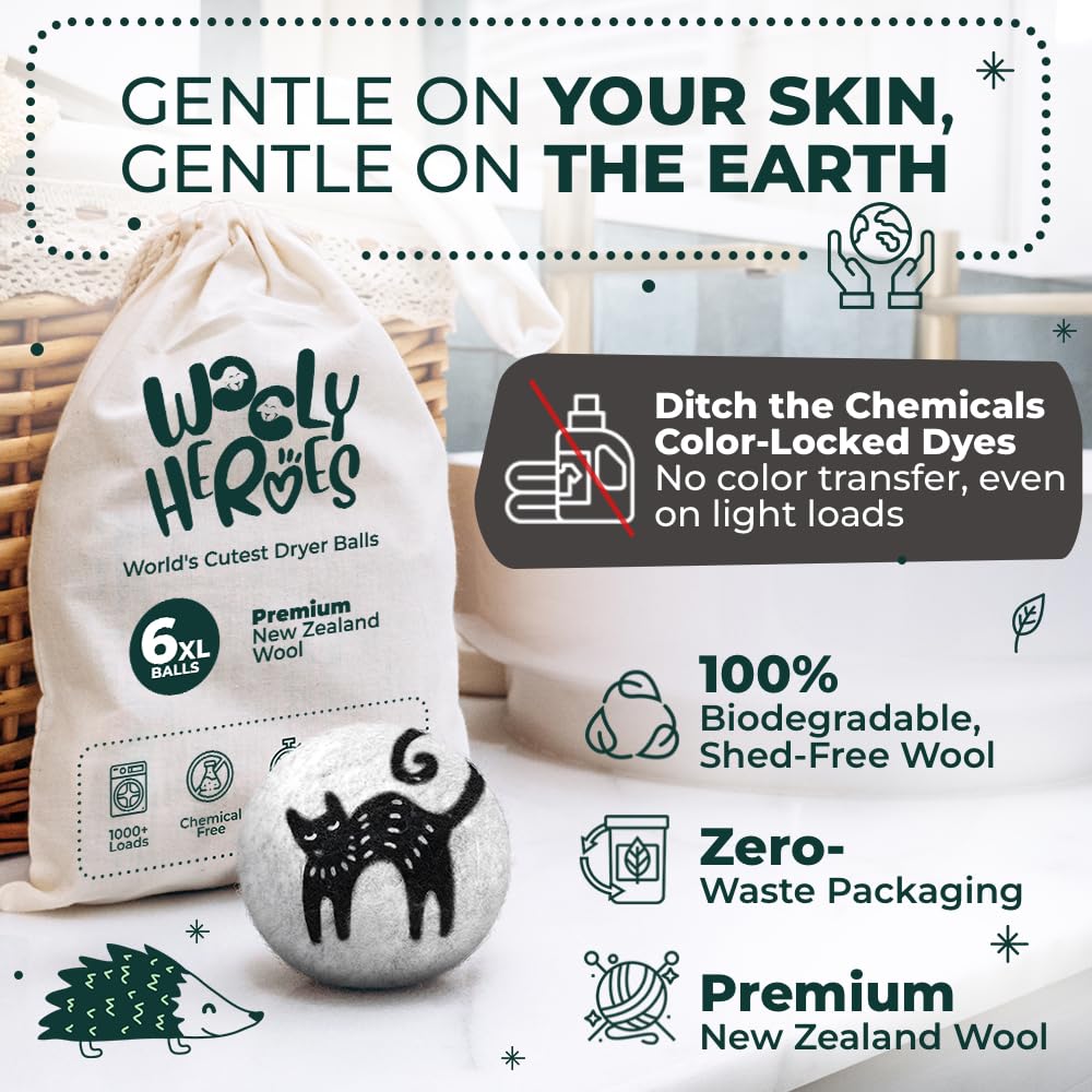 Chemical Free & Baby Safe! Reusable Wool Dryer Balls XL 6 (6 Count)