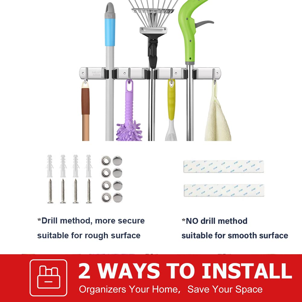 2 Pack Broom Holder Wall Mount Stainless Steel Mop Organizer (2 Count)