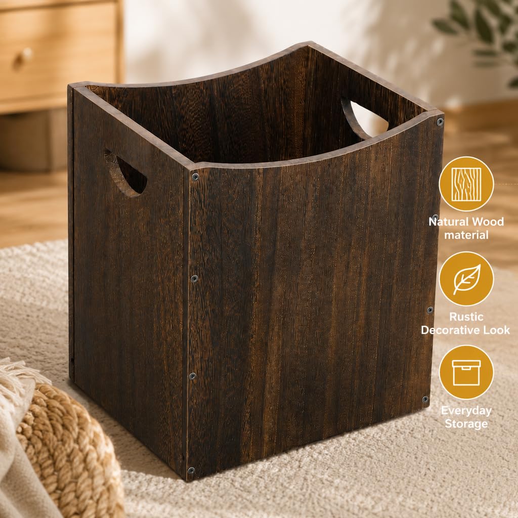 Wood Trash Can 5.3 Gallon Office Wastebasket Farmhouse Rectangular Garbage Can with Built