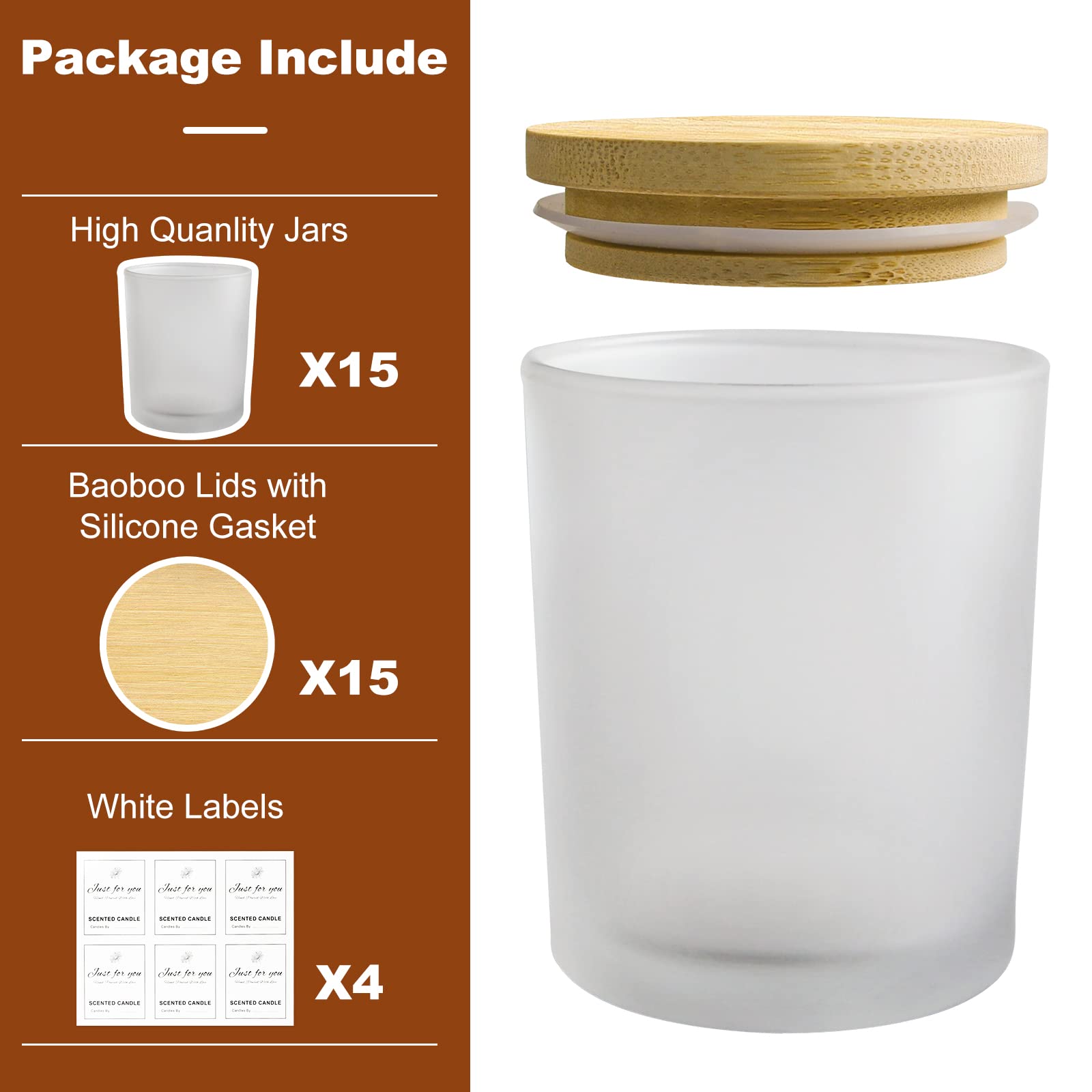 15 Pack 7 OZ Frosted Empty Candle Jars with Bamboo Lids (15 Count)