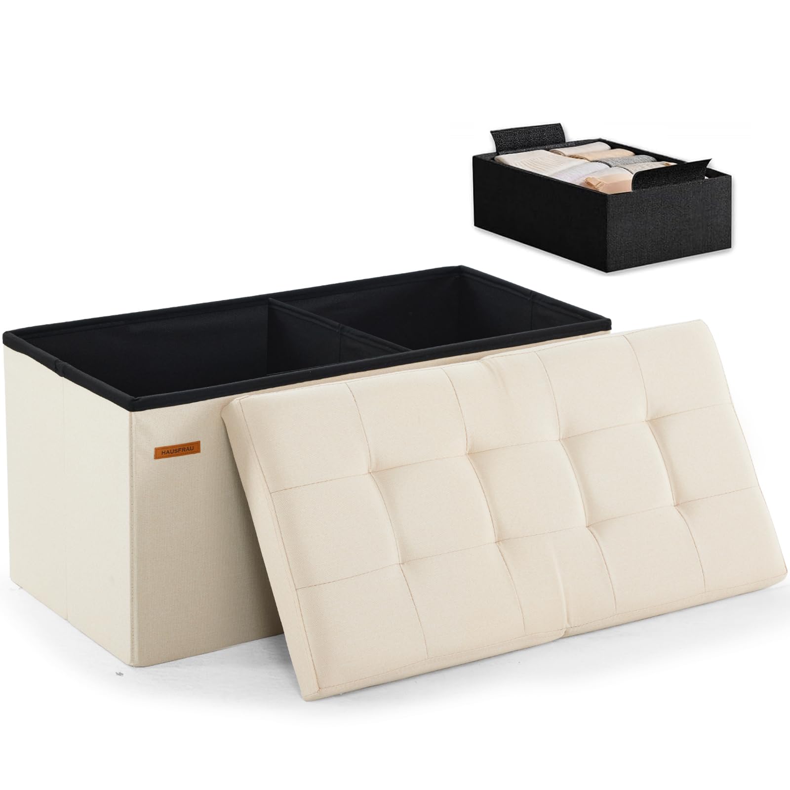 Ottoman with Storage Bench Folding Foot Rest Stool Linen Beige
