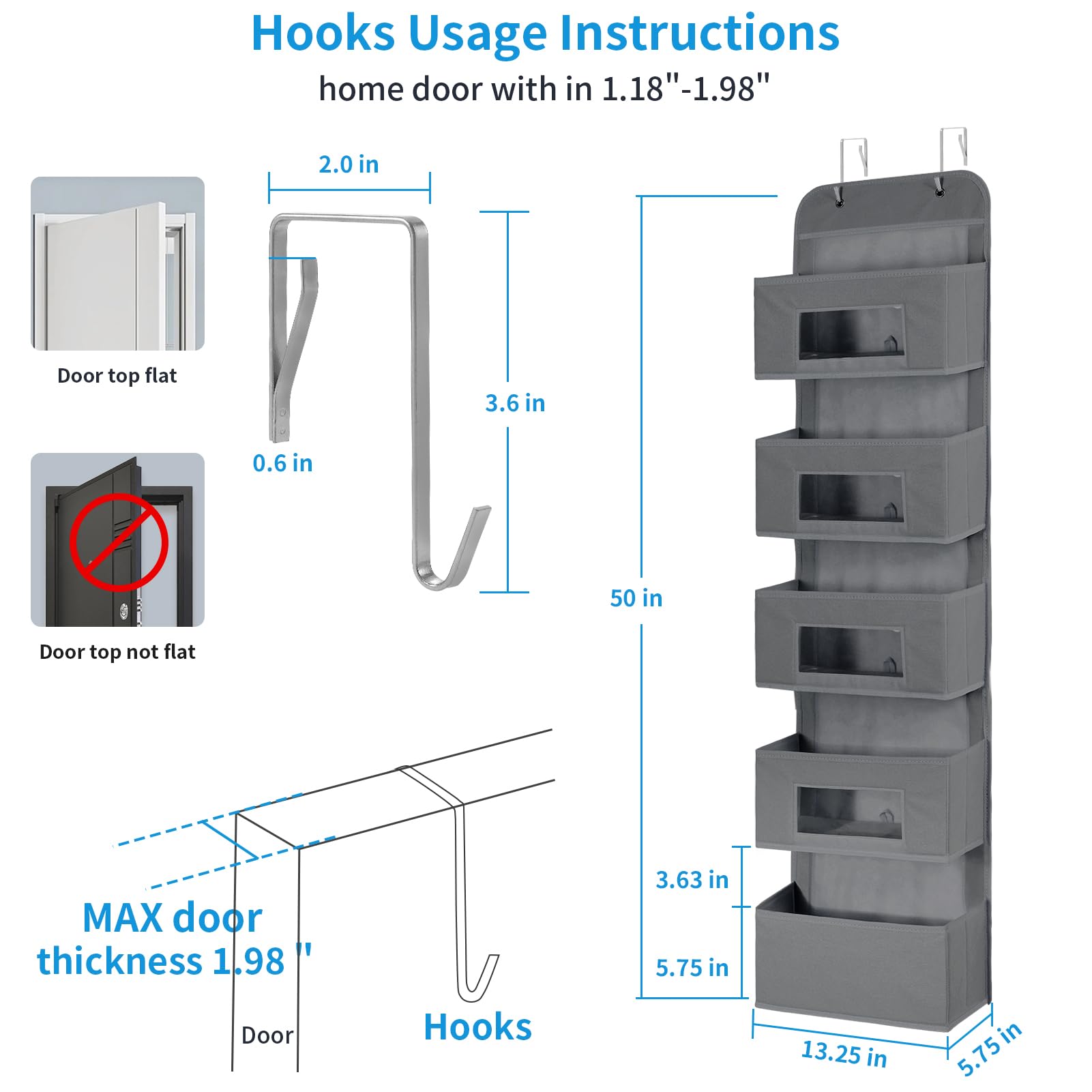 5 Shelf Over The Door Hanging Organizer with 2 Metal Hooks