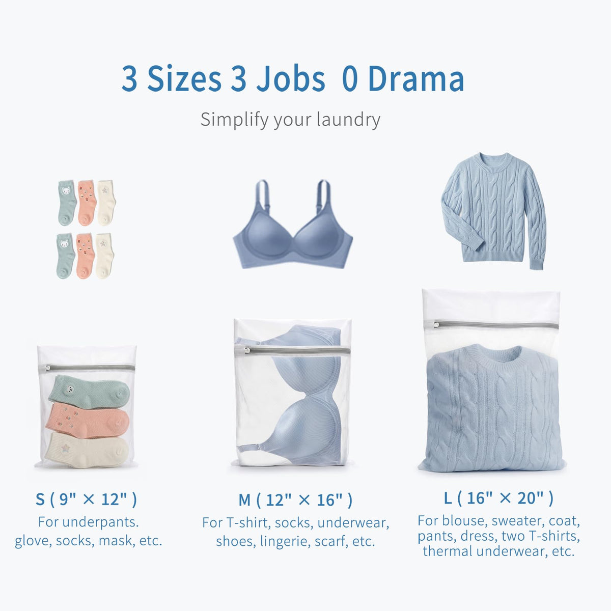 3Pcs Durable Fine Mesh Laundry Bags for Delicates