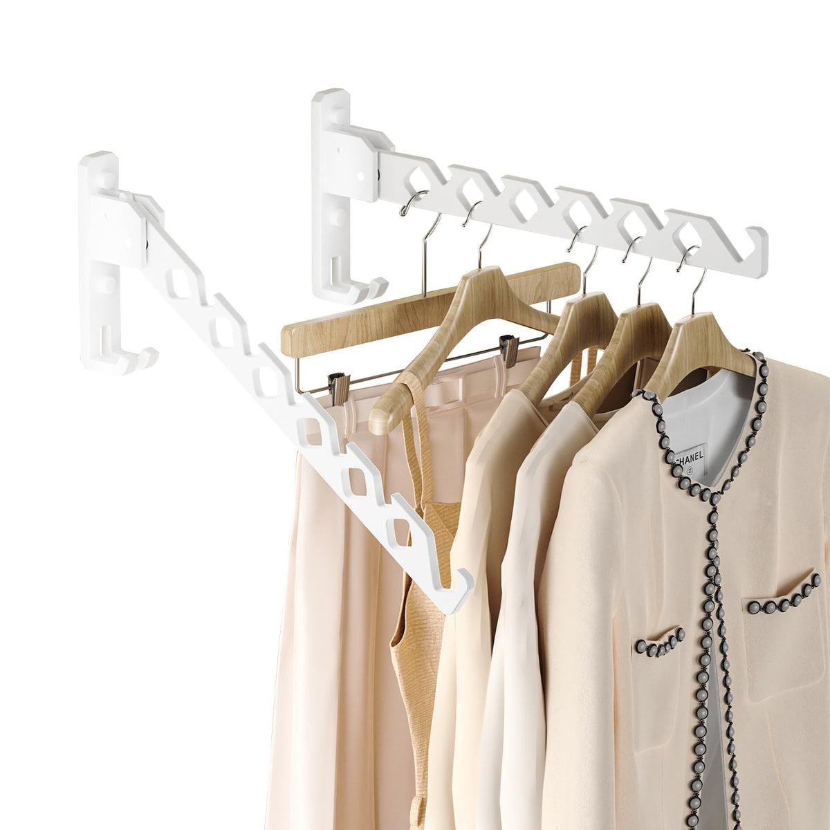 Wall Mount Coat Hanger Holder White Clothes Drying Organizer Rack Garment Hooks Aluminium Retractable Folding Indoor Wall Mounted Hanger Space Saver for Laundry Room Bedroom White 2Pack