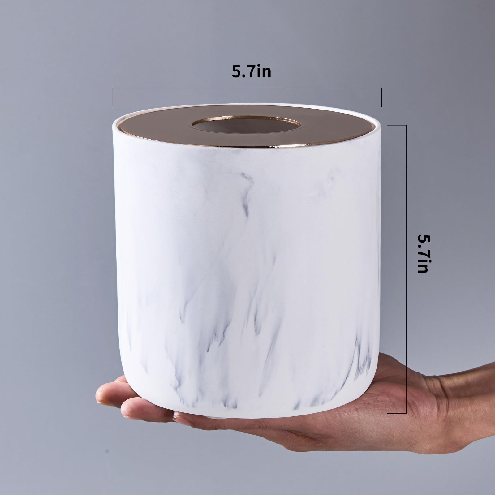 White Marble Textural Mini Trash Can with Rose Gold Stainless Steel Lid