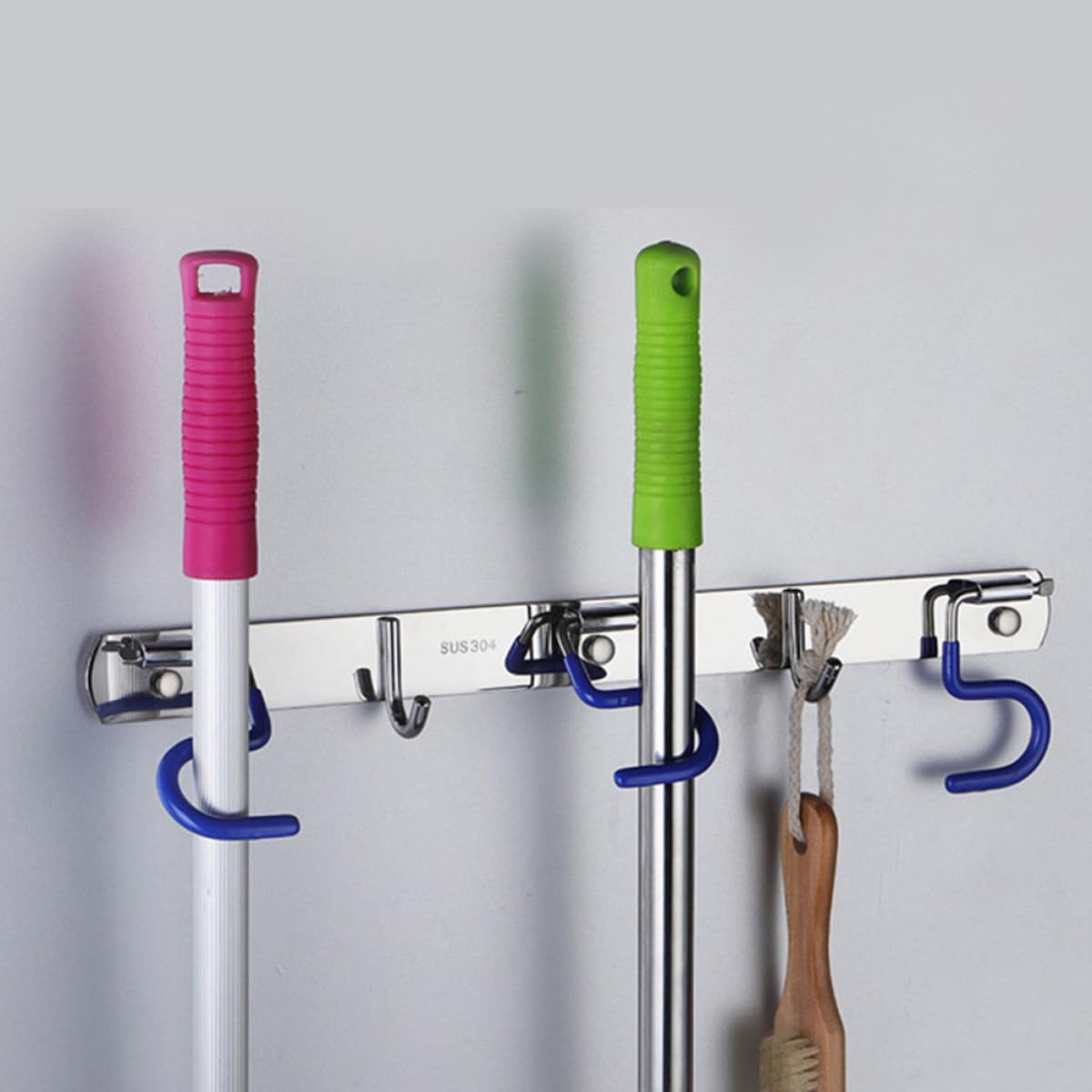 304 Stainless Steel Mop and Broom Holder Wall Mounted Rack with 2 Mop Grippers and 1 Hook