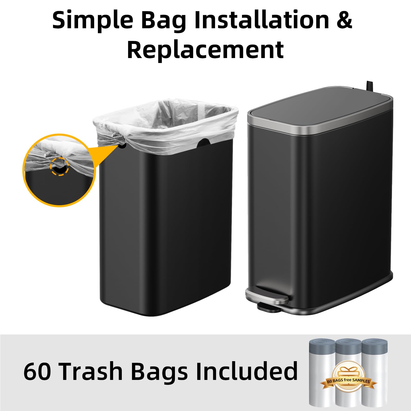 Stainless Steel Bathroom Trash Can with Lid Soft Close (60 Count)