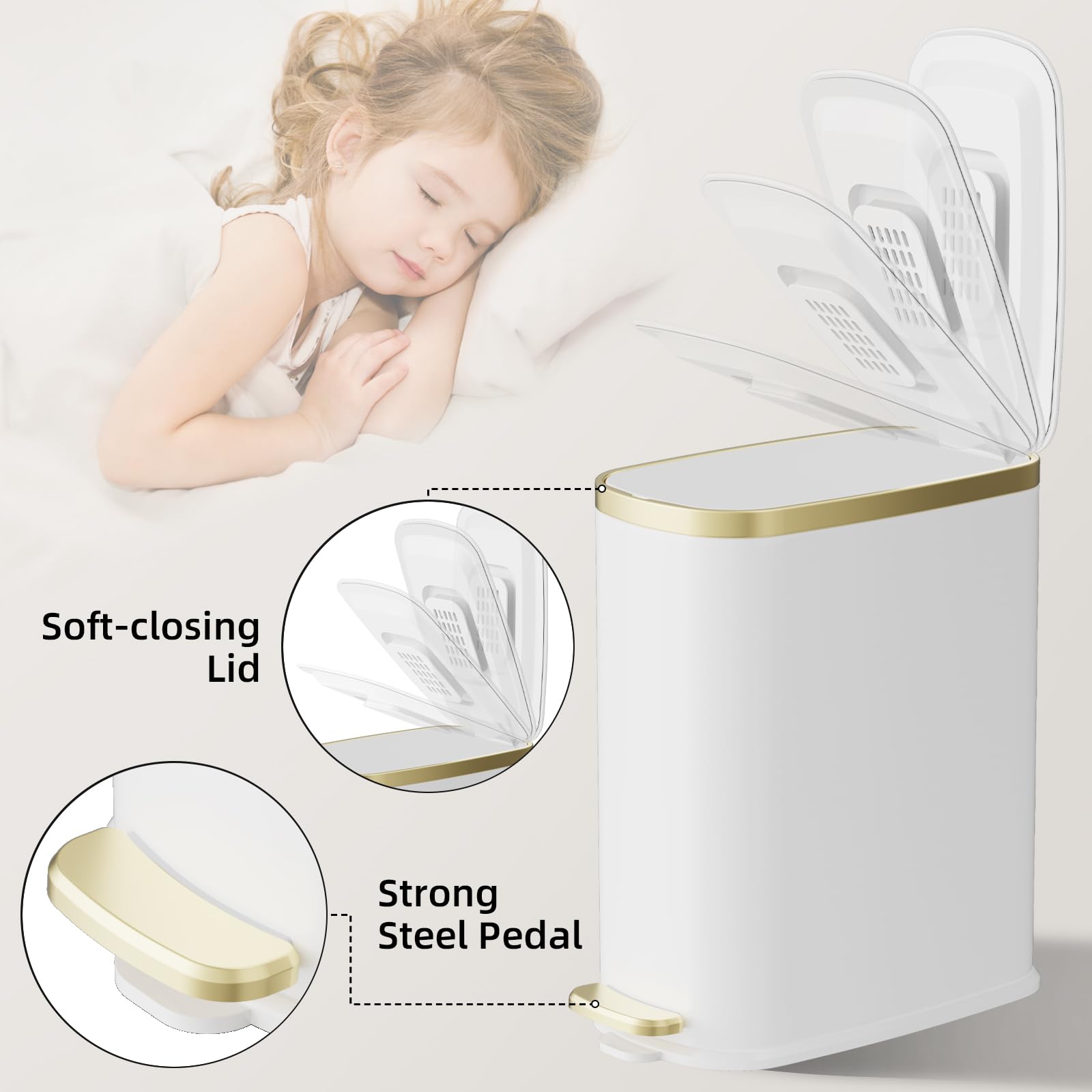 Small Bathroom Trash Can with Lid Soft Close