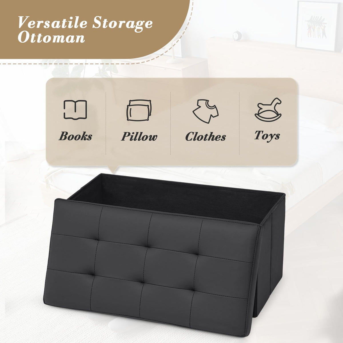 30" Storage Ottoman Bench Folding Bench with 90L Hidden Storage