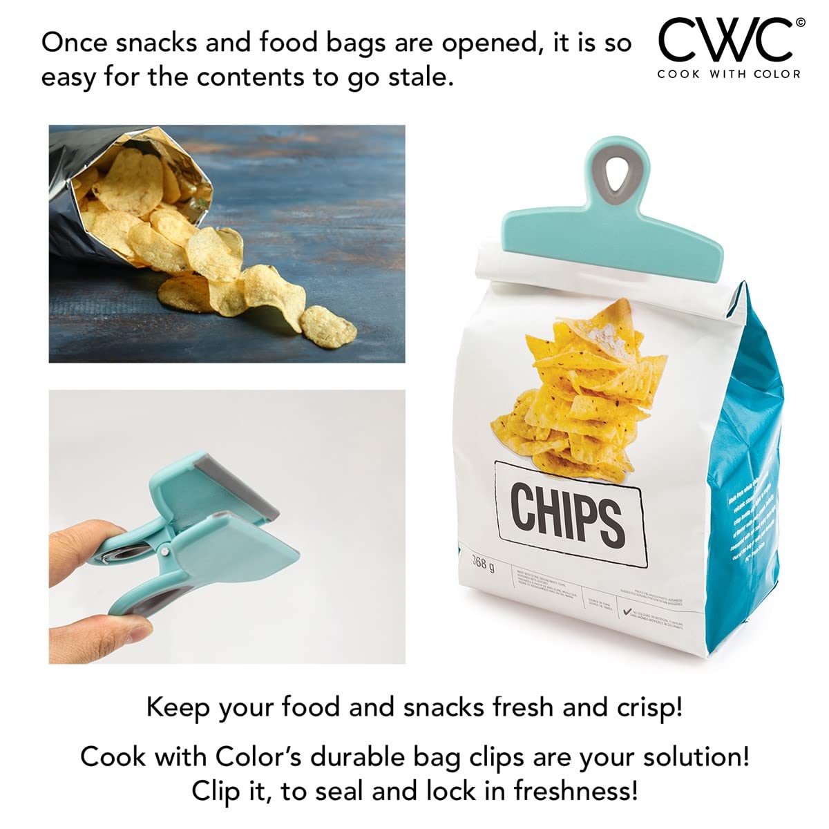 Bag Clips Heavy Duty Chip Clip and Refrigerator Magnet for Food Storage with Air Tight Seal Grip (4 Count)