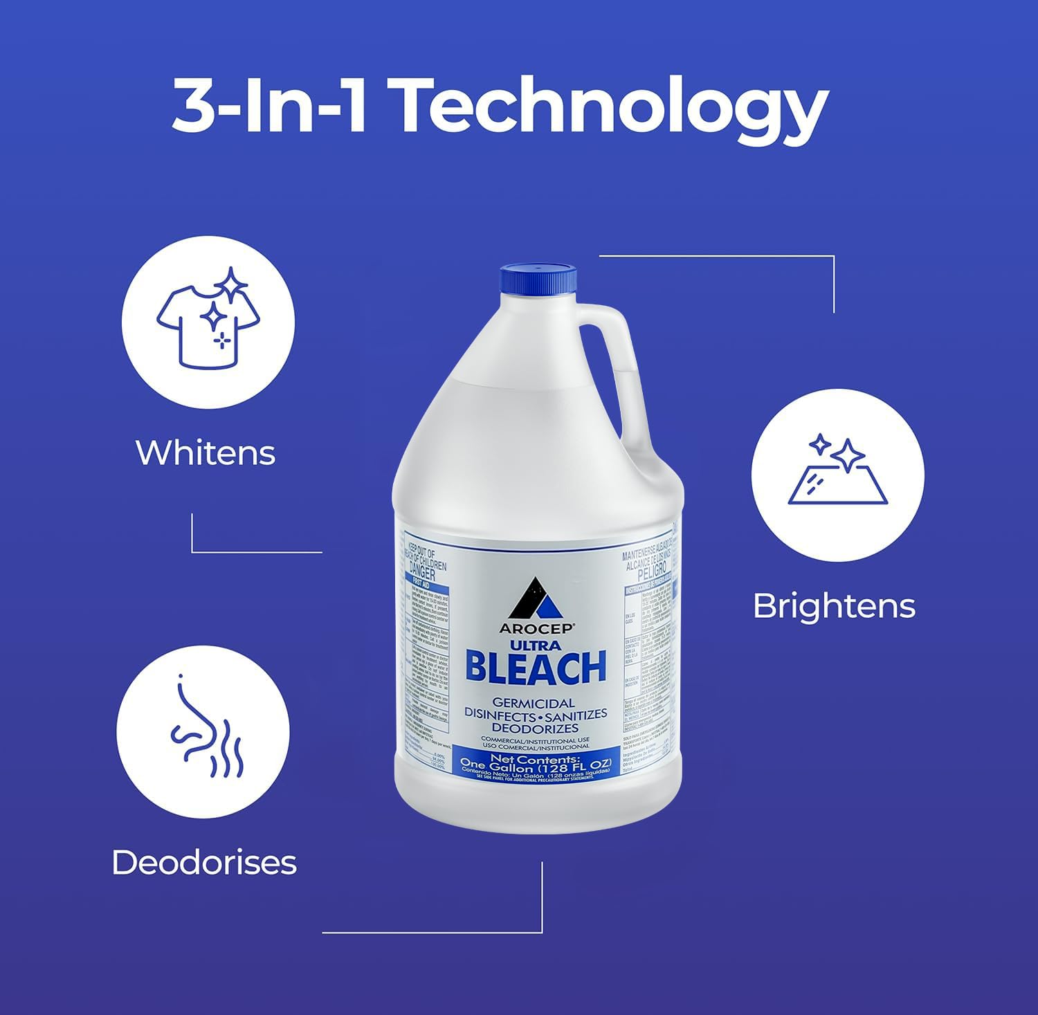 6 Gallons) Ultra Germicidal Liquid Bleach - For Laundry, Disinfecting, Sanitizing, Deodorizing, Mold & Mildew Stain Remover - 1 Gallon Jugs (768 Fl Oz) - ModHome Supplies
