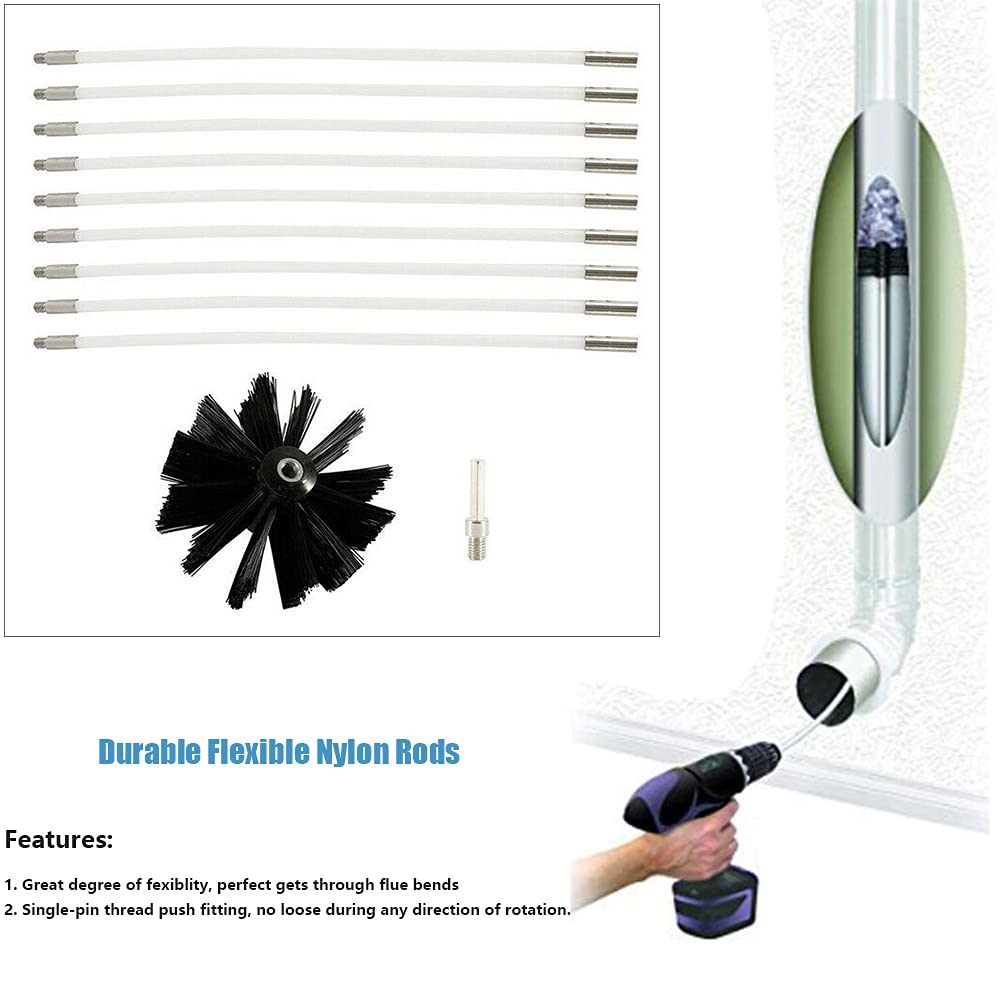 12 Feet Stove Pipe Clean Brush Extension Rods Flexible Fireplace Chimney Brush Stove Pipe Brush Rod Rotary Air Duct Dryer Vent Cleaner Rods Flue Brush Chimney Sweep Kit with Brush Head (10 Count)