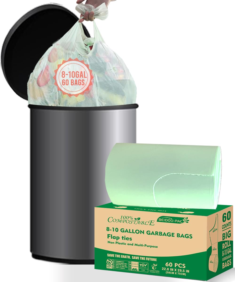 8 10 Gallon Flap Tie Compostable Trash Bags (60 Count)