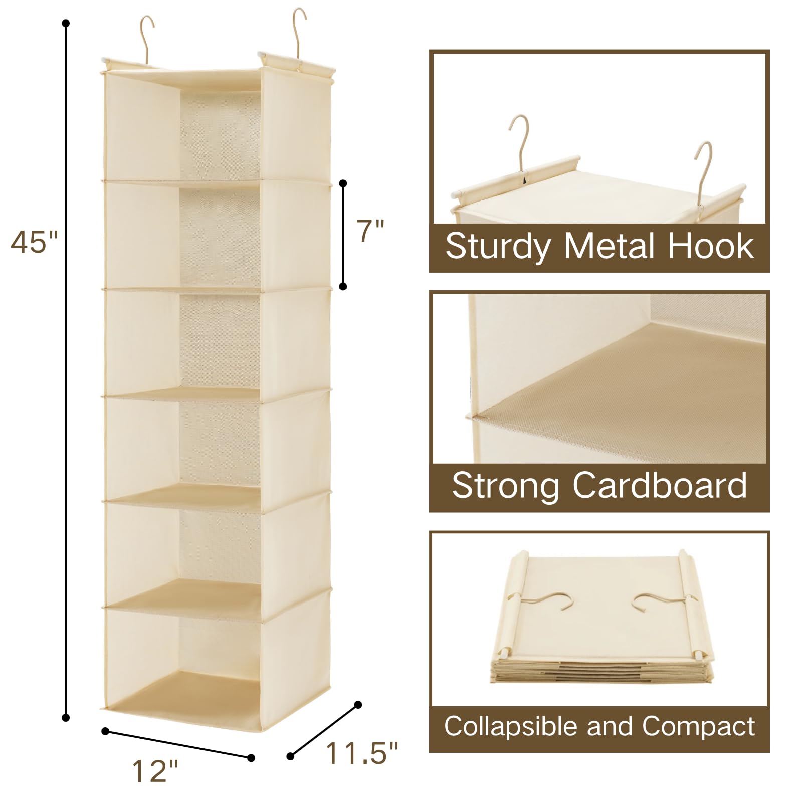 6 Tier Shelf Hanging Closet Organizer with 2 Hooks