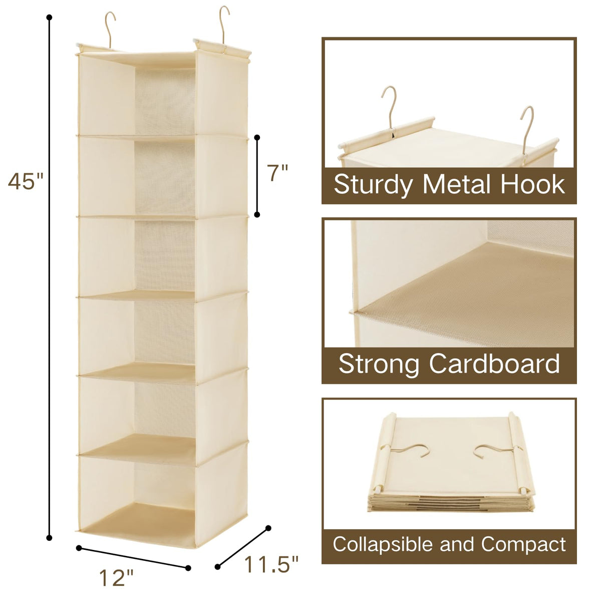 6 Tier Shelf Hanging Closet Organizer with 2 Hooks