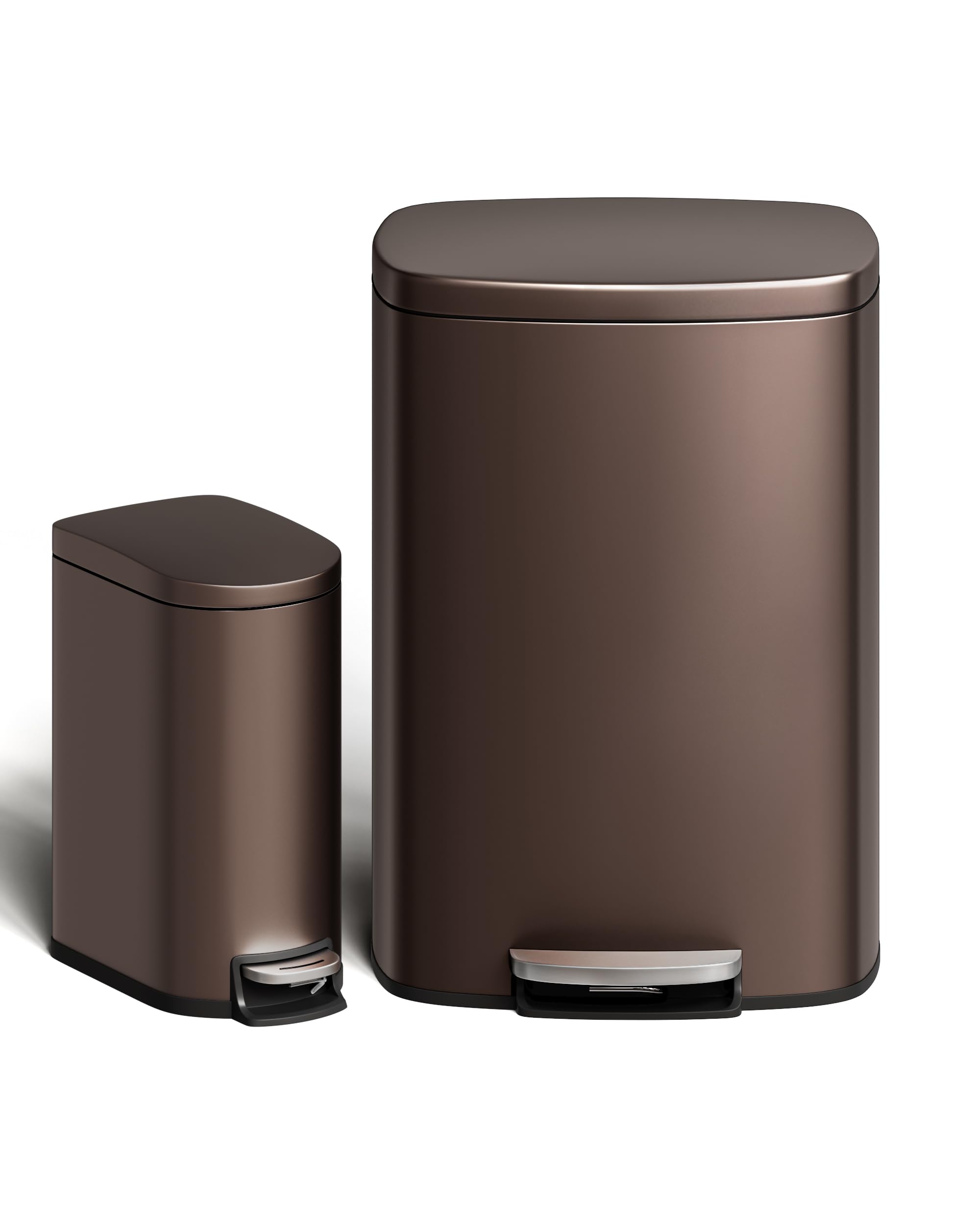 13 gal (50 L) and 2.6 gal (10 L) Metal Trash Can Combo Set, Rustproof Garbage Can with Lid, Step-on Trash Bin with Inner Bucket, Rear Handle, Brown