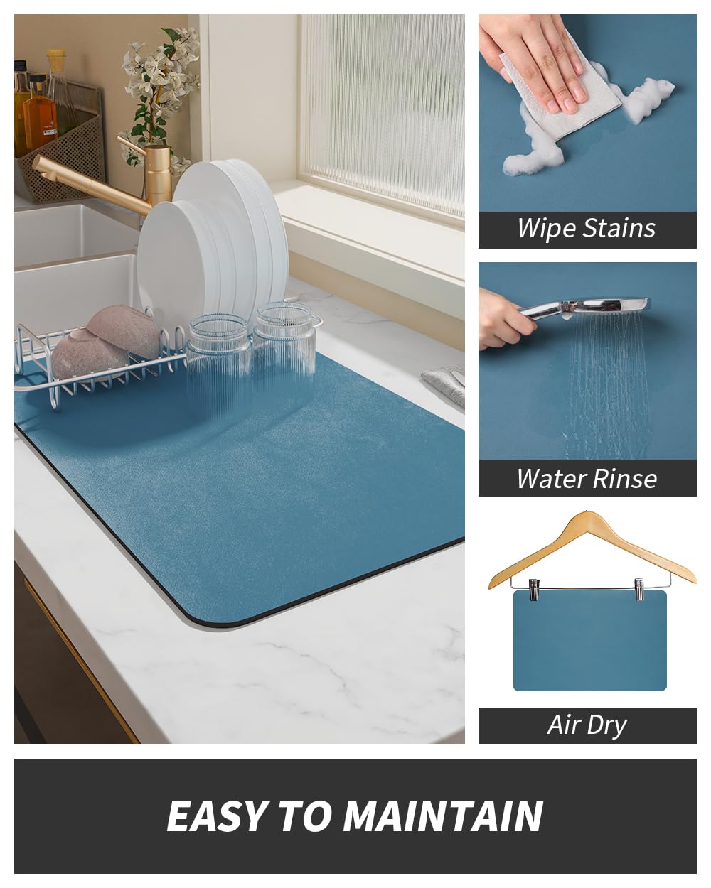 Coffee Mat Hide Stain Rubber Backed Absorbent Dish Drying Mat for Kitchen Counter