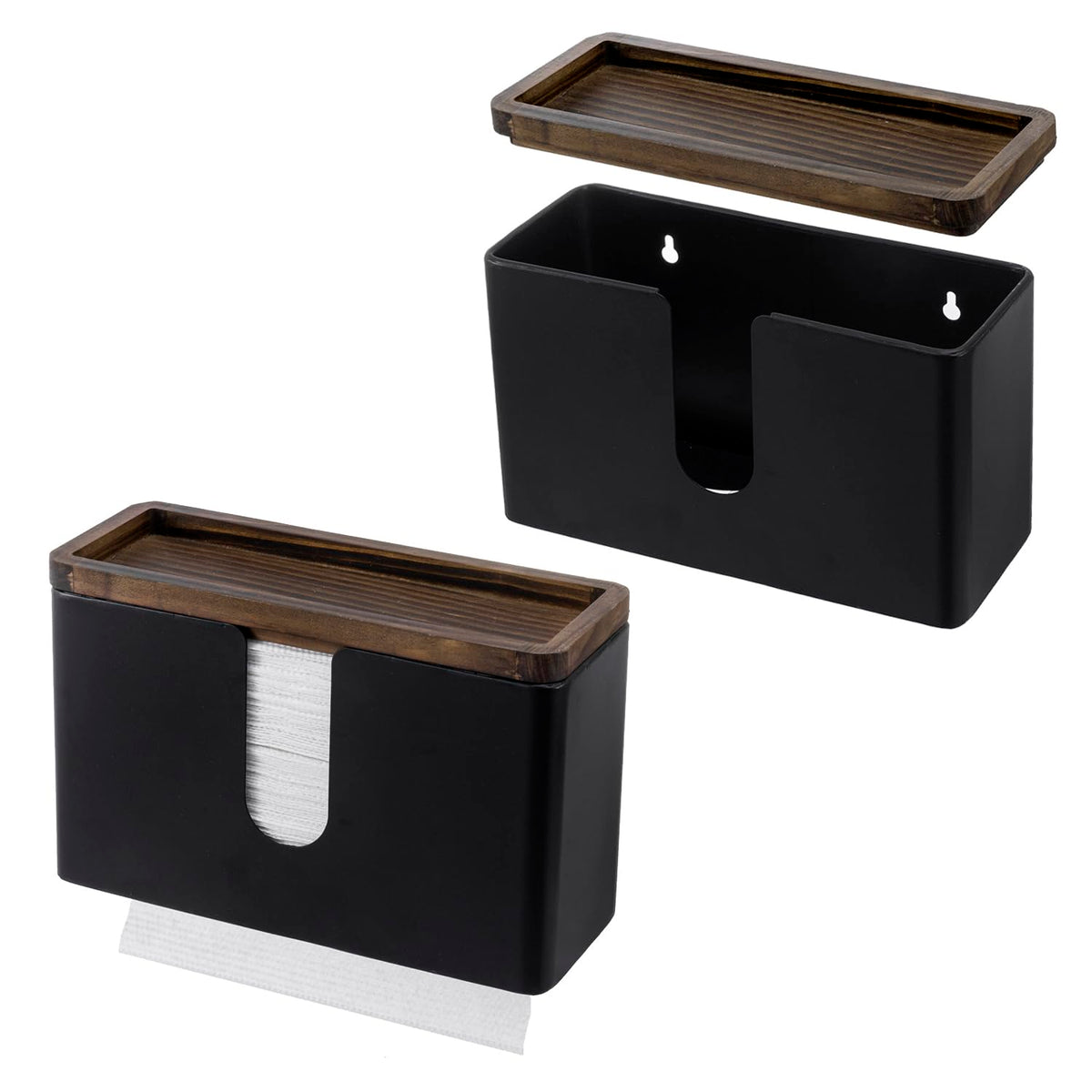 Wall Mounted Deluxe Black Metal Folded Commercial Paper Towel Holders with Burnt Solid Wood Tray Lids (2 Count)