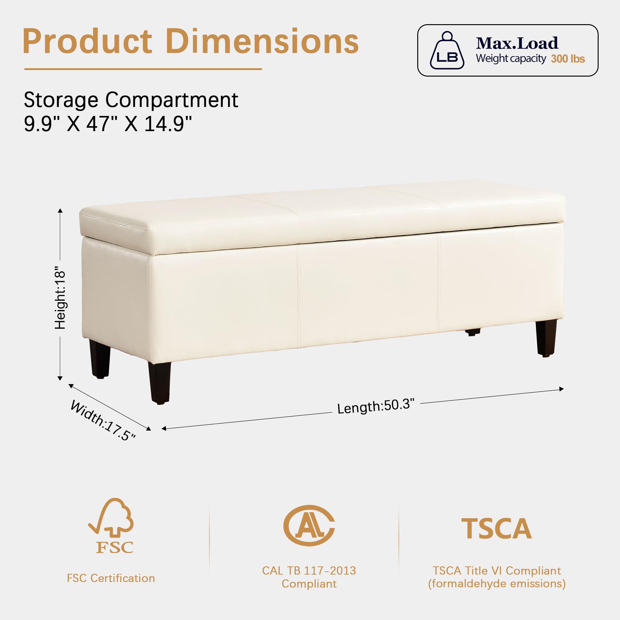 Faux Leather Storage Ottoman Bench 50.3 inch Extra Long Upholstered Bedroom Bench with Large Storage Space for The Living Room