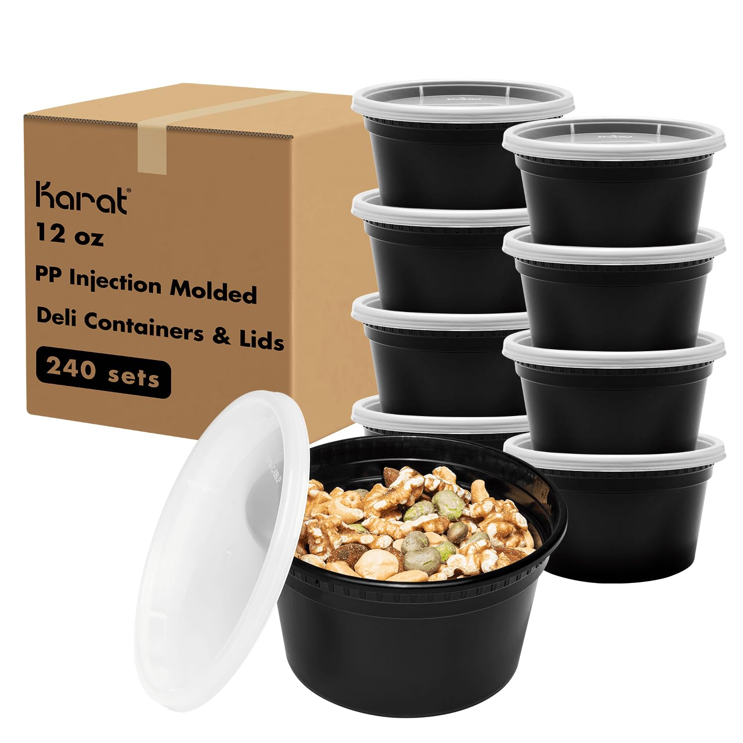 12oz 240 ct Black PP Injection Molded Round Deli Containers with Lids (240 Count)