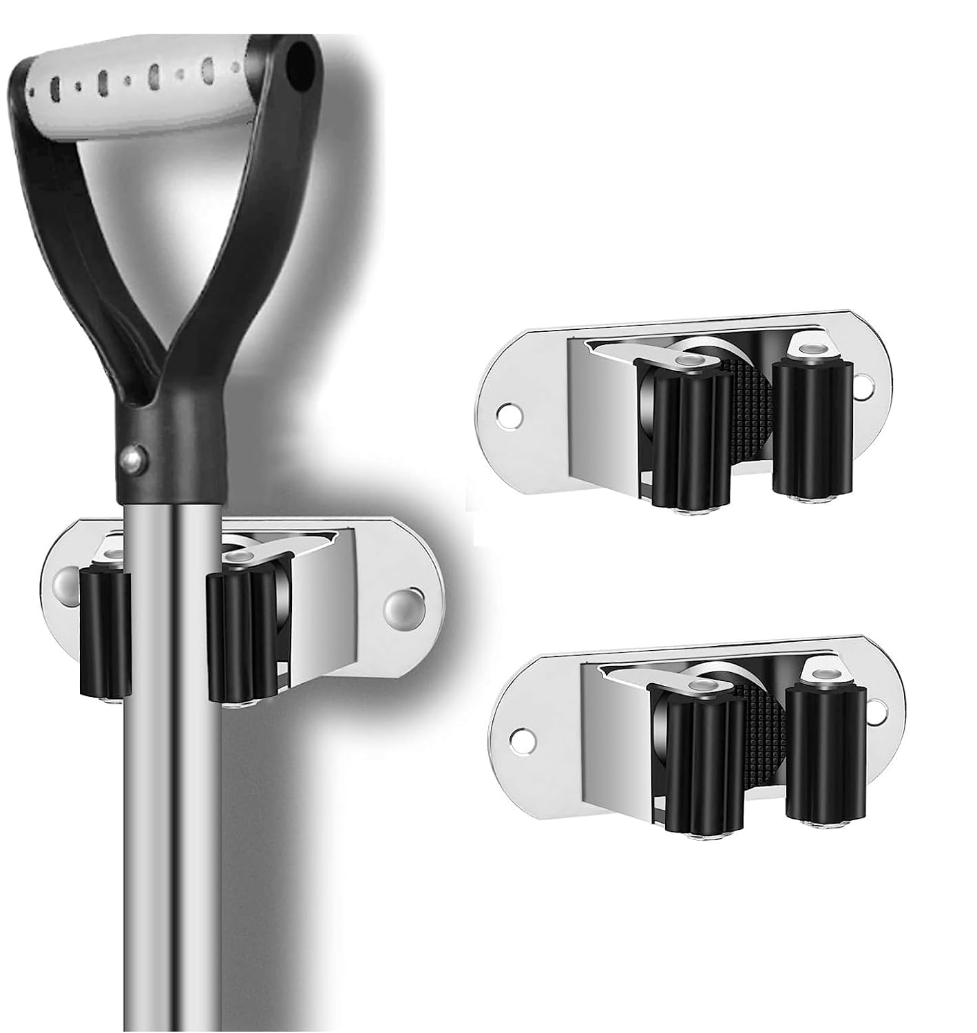 GROVENT® 2 PCS Mop and Broom Holder Wall Mount Heavy Duty Stainless Steel Broom Holder Wall Mounted Broom Organizer Home Garden Garage Storage Rack