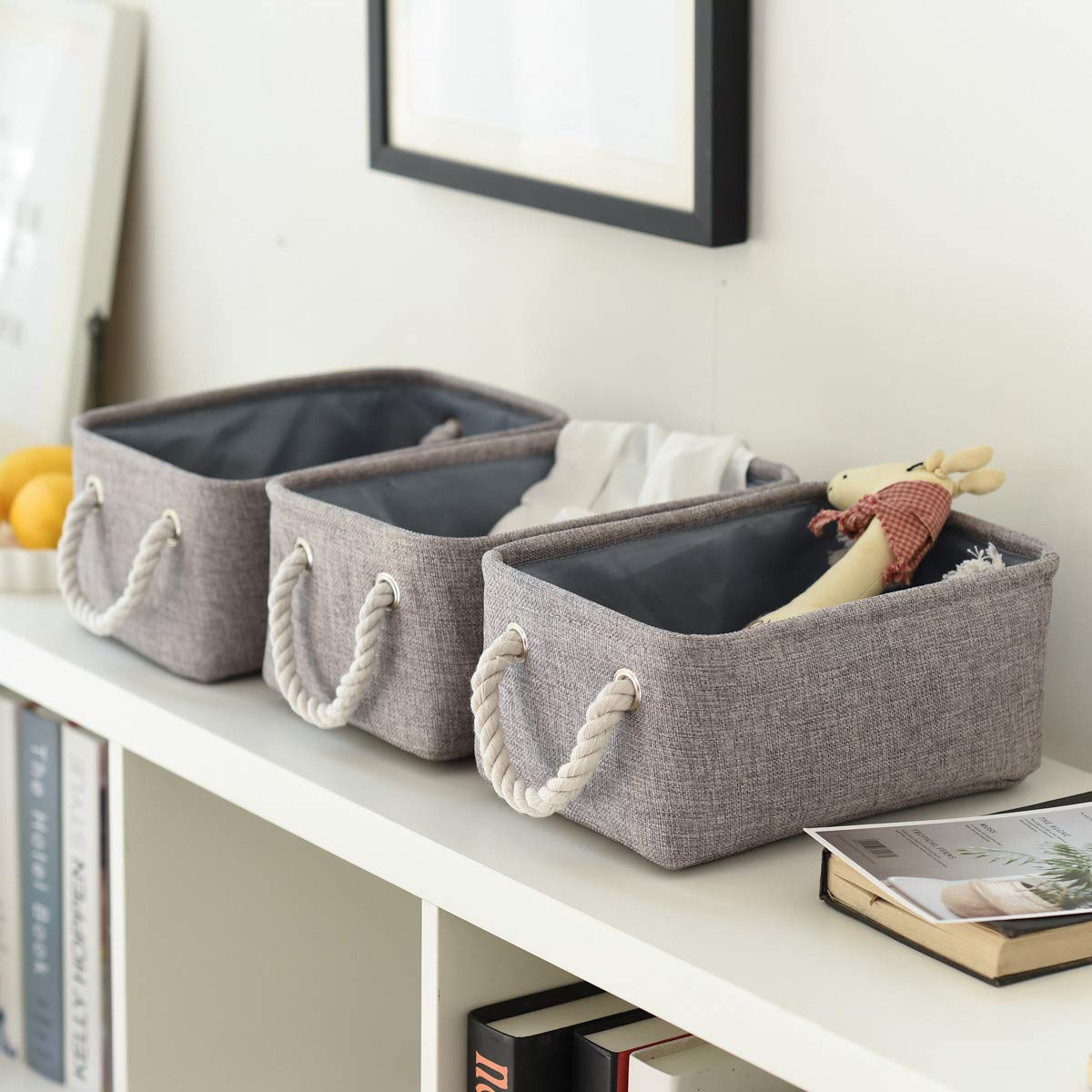 Foldable Small Storage Baskets with Strong Cotton Rope Handles [6 (6 Count)