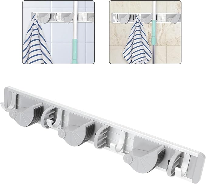 Punch Broom Holder Space Aluminum Mop Hanger Wall Mount Organizer with Strong Grip and Hooks for Kitchen Garage Garden Storage