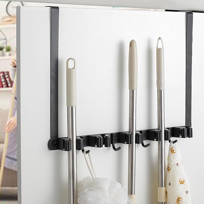 Over The Door Broom Holder with 2 Over Door Hooks Wall Mount Mop and Broom Holder Stainless Steel Mop Holder Utility Broom Gripper Drilling Free Mop Hanger for Home Bathroom Kitchen Garden