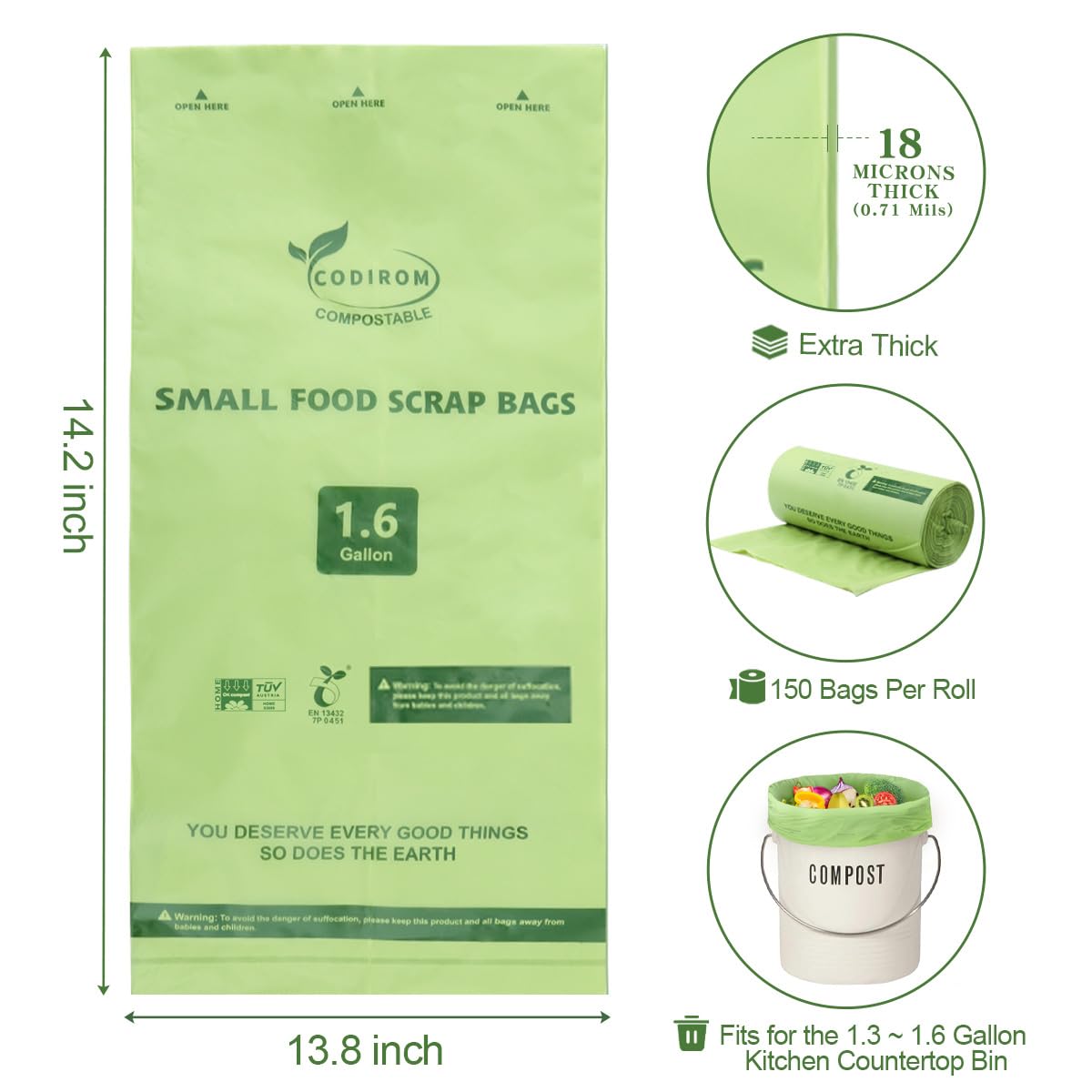 1.6 Gallon Compostable Trash Bags (150 Count)