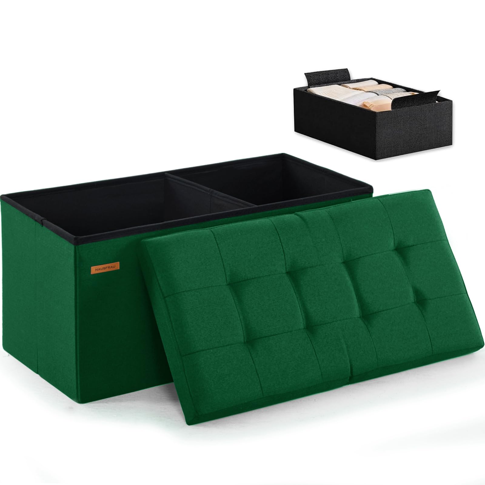 Ottoman with Storage Bench Folding Foot Rest Stool Linen Green