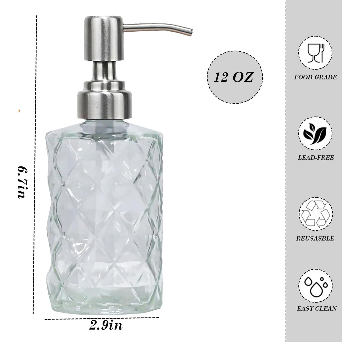 12Oz Clear Glass Soap Dispenser