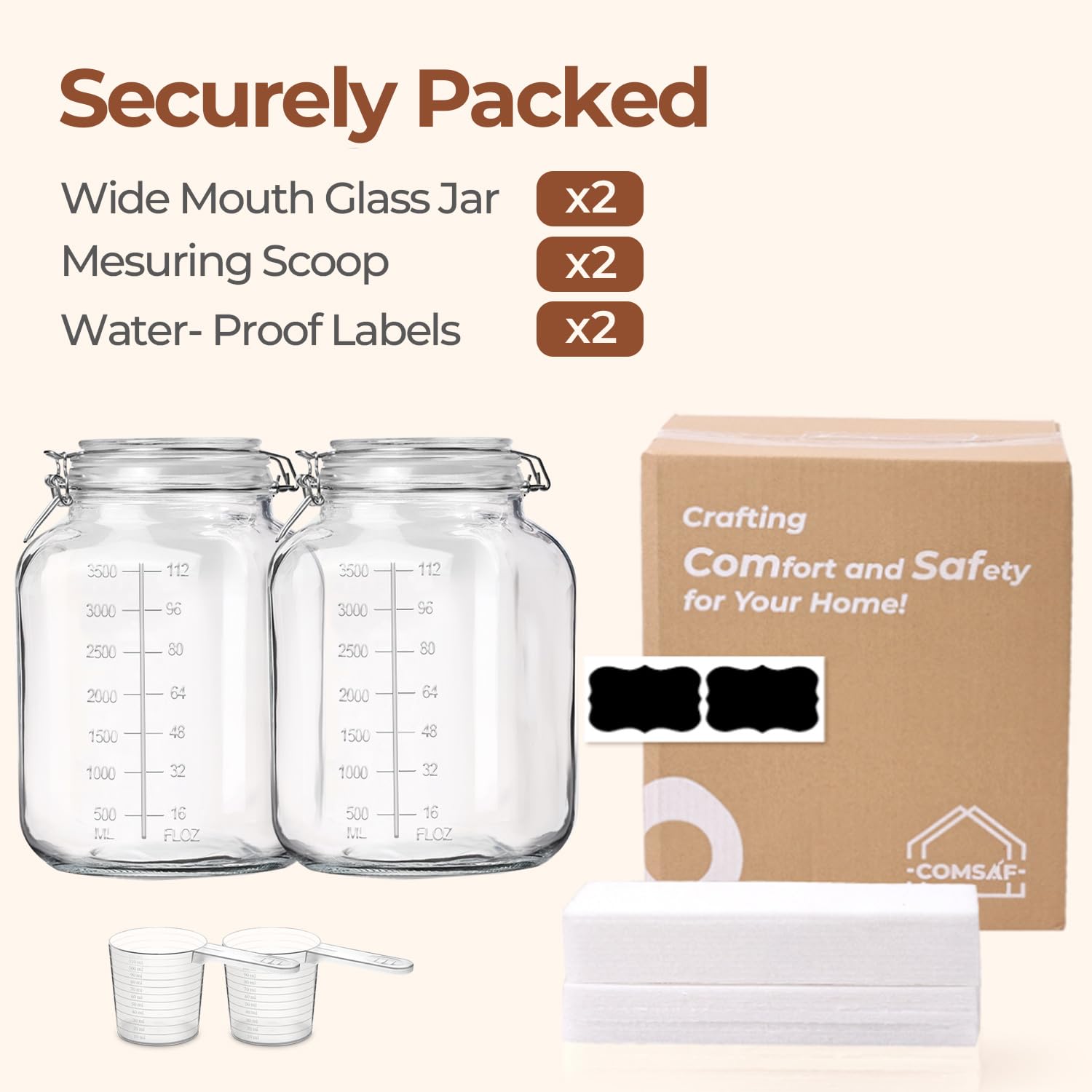 Large Square Glass Jars with Airtight Lid 1 Gallon 2 Pack Wide Mouth (2 Count)