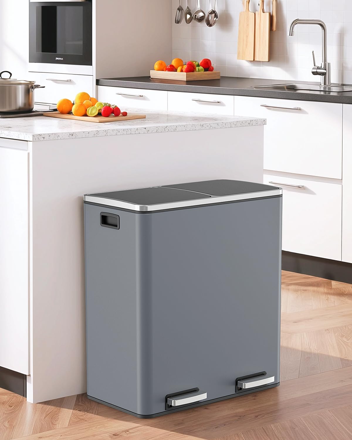 60L(16 Gal ) Dual Trash Can, Stainless Steel Kitchen Garbage Can, Double Compartment Classified Rubbish Bin, Recycle Dustbin w/Plastic Inner Buckets, Handle, Soft-Close Lid, Airtight, Grey