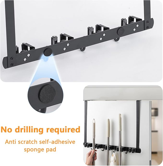 Broom Holder Over The Door with 2 Over Door Hooks Wall Mount Mop and Broom Holder Stainless Steel Mop Holder Utility Broom Gripper Drilling Free Mop Hanger for Home Bathroom Kitchen Garden