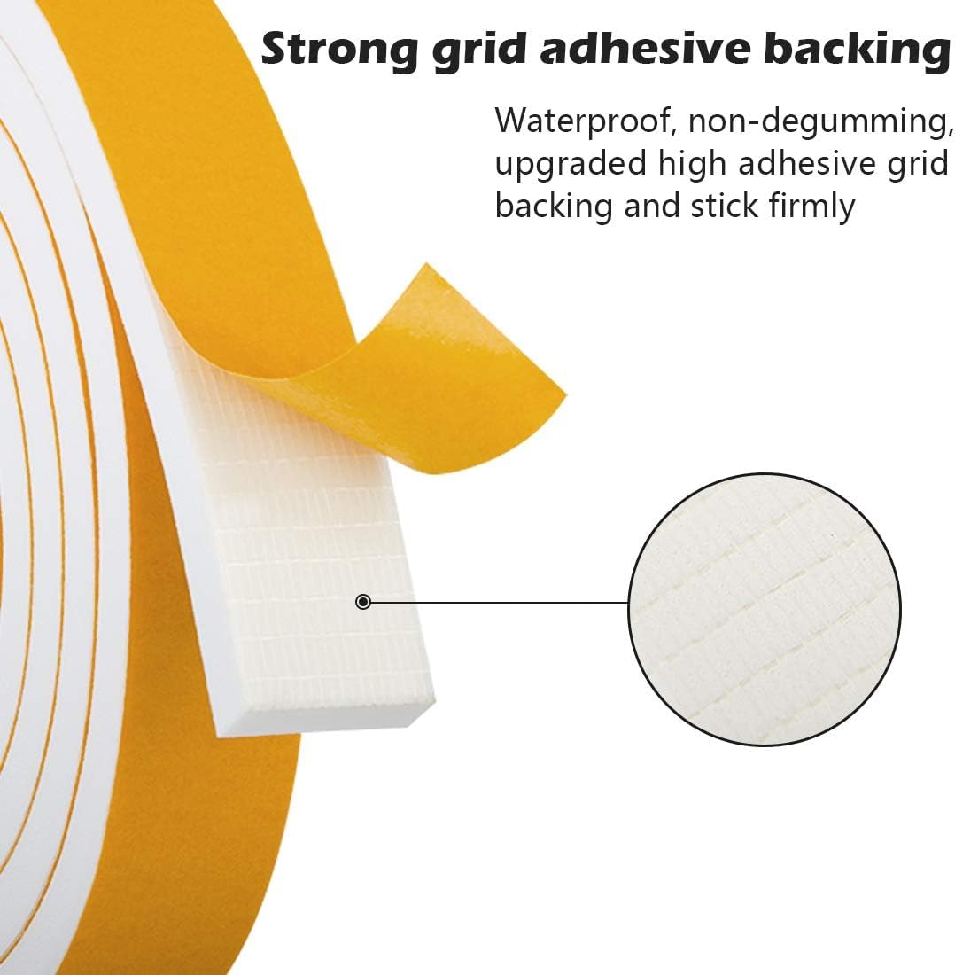 White Door Window Weather Stripping Self Adhesive Foam Tape High Density Foam Sealing Strip Window Insulation Weatherproof Gasket Tape for Doors and Windows (16.5 Foot)