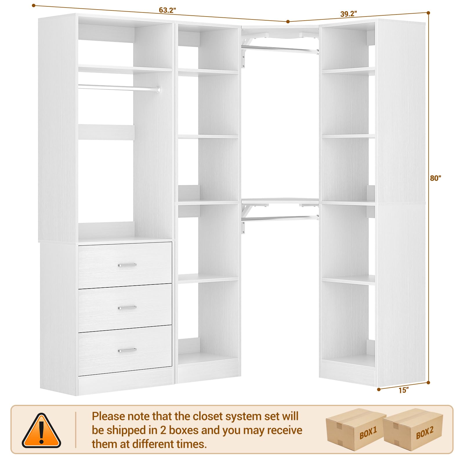 Corner Closet System with 3 Drawers