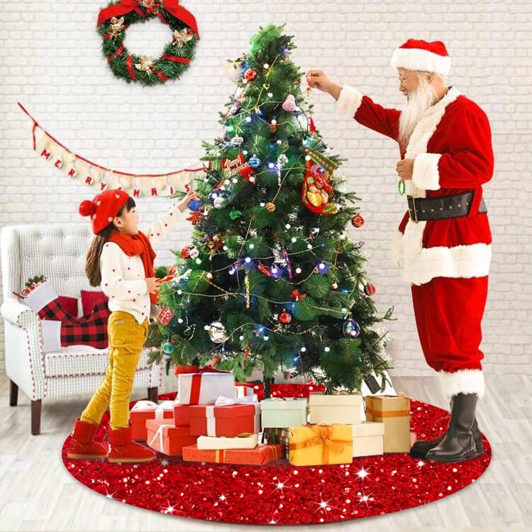 Christmas Tree Skirt Red Glitter Tree Skirt 36 Inch Sequin Xmas Tree Skirts Velvet Christmas Tree Mat Rustic Metallic Sparkle Tree Skirts Cover for Xmas Party New Year Holiday Decoration