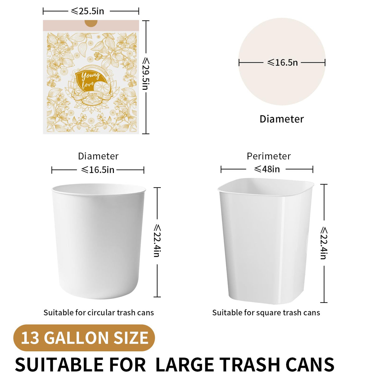 13 Gallon Trash Bags with Lemon Print & Drawstring (50 Count)