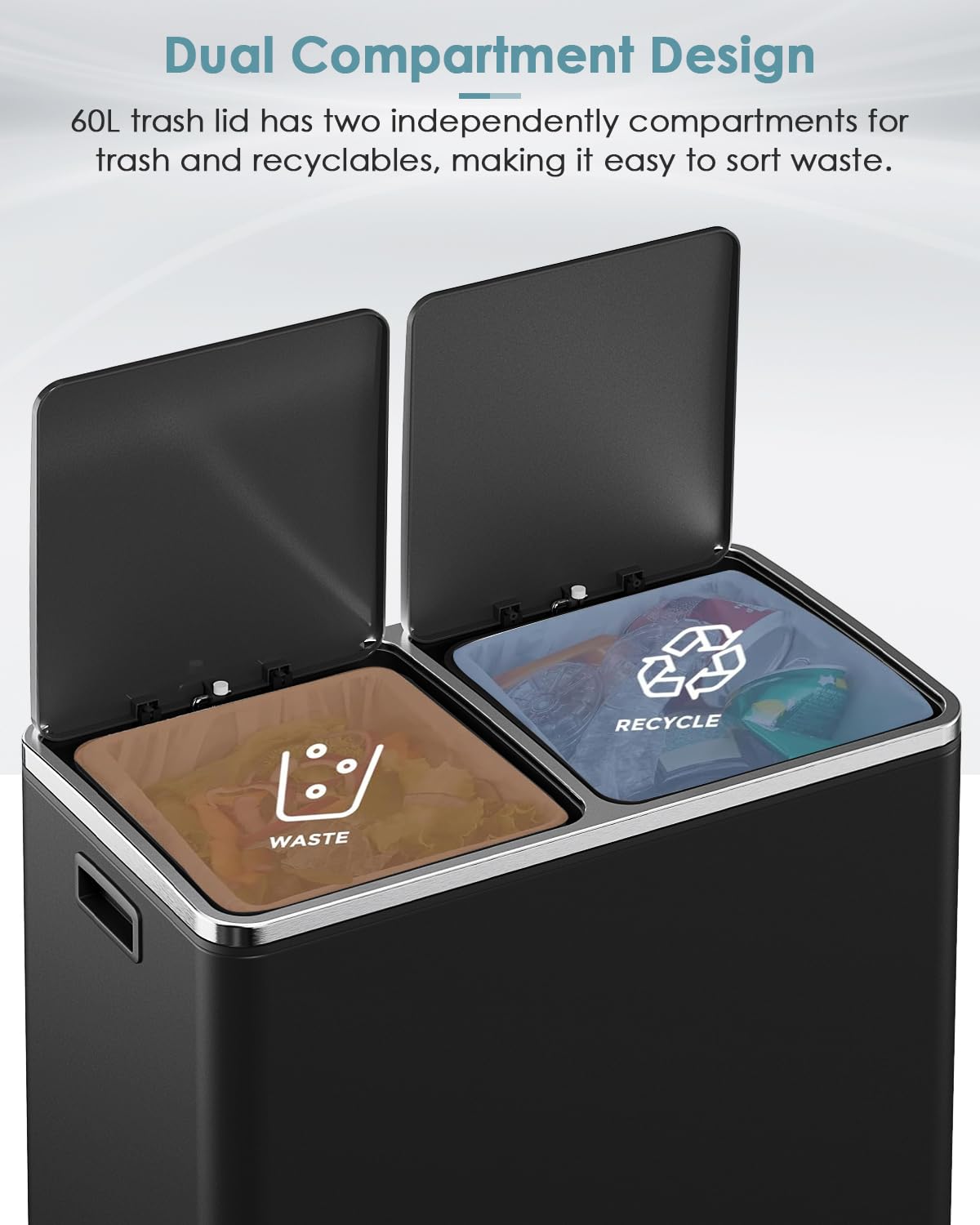 60L(16 Gal) Dual Trash Can, Stainless Steel Kitchen Garbage Can