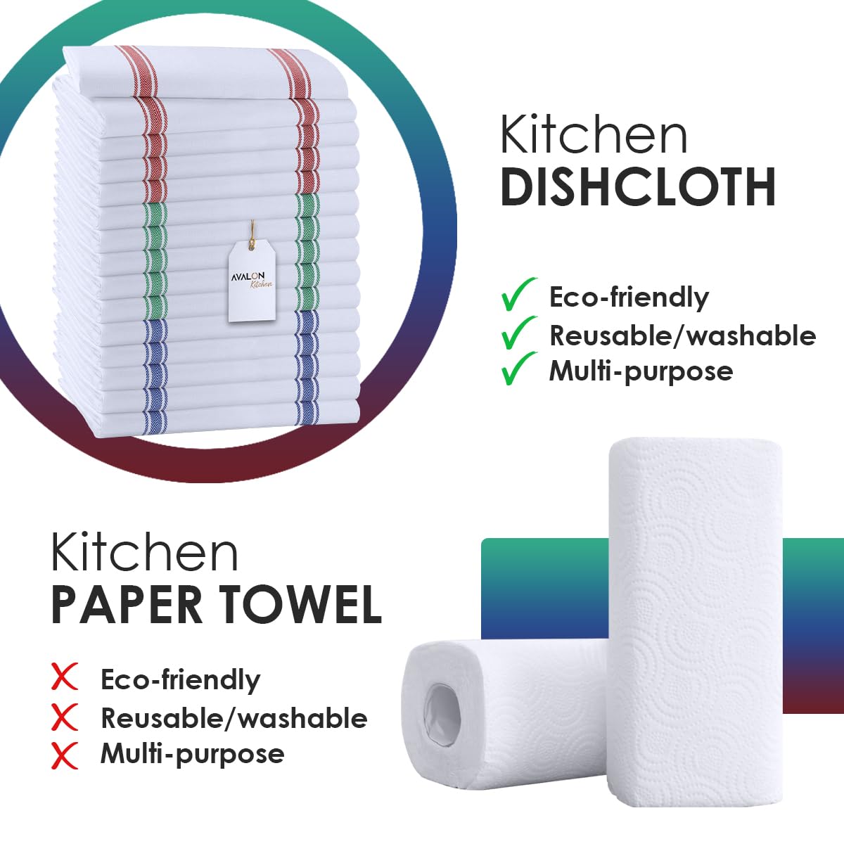 Dish Towels 15 Pack Multi Stripe 100% Cotton Kitchen Towel 15x25 Inch Tea Towels (15 Count)