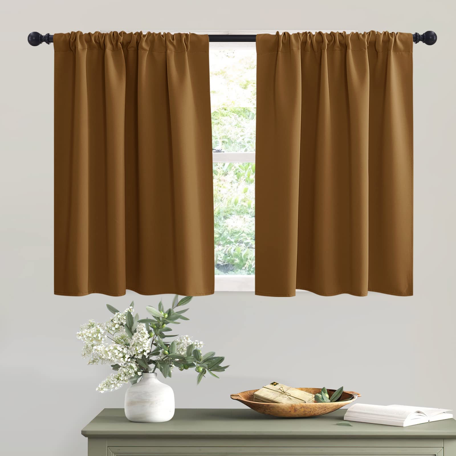 Short Gold Brown Blackout Curtains for Small Bedroom Window Cafe