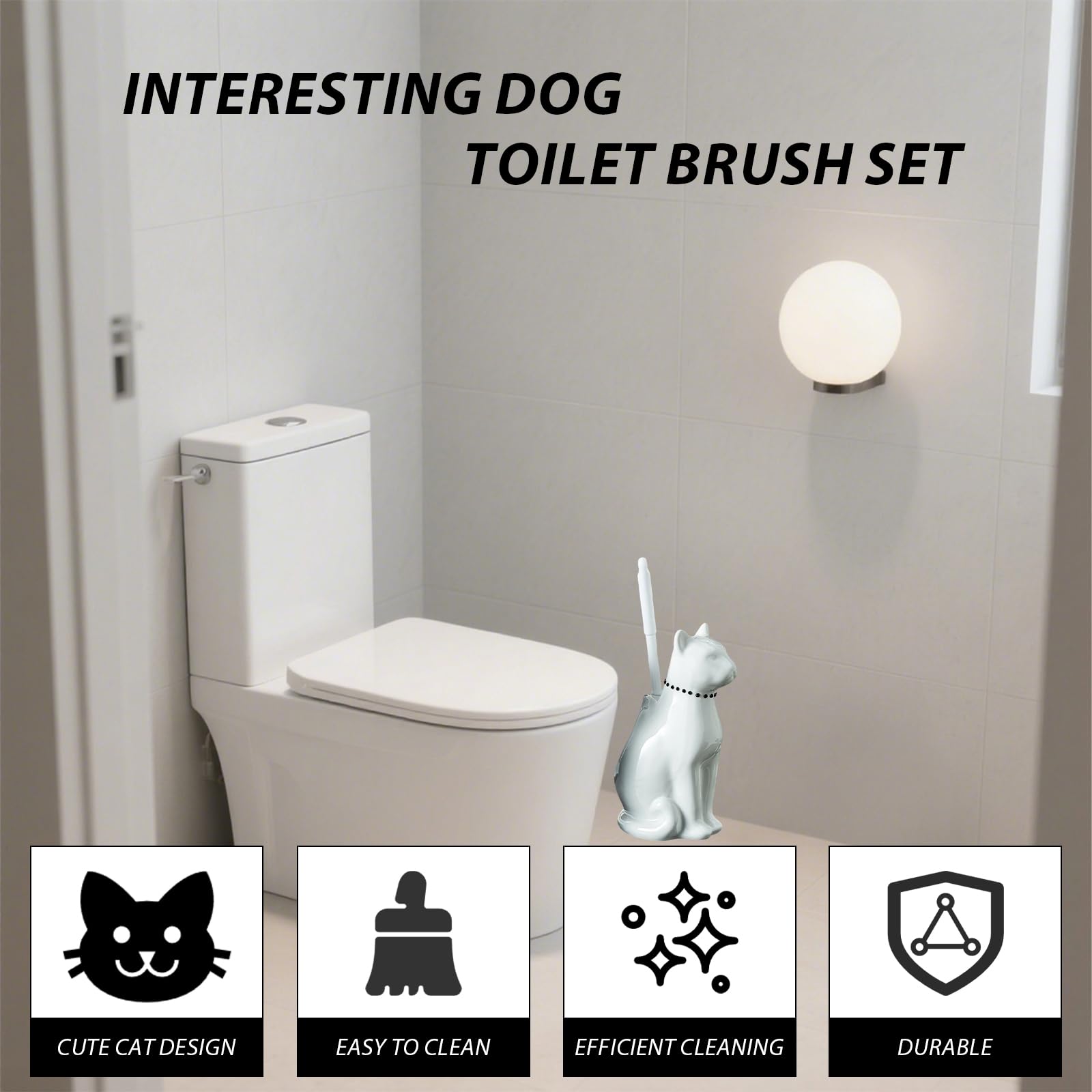 Ceramic Cat White Toilet Brush and Holder Set with Plastic Handle (2 Count)