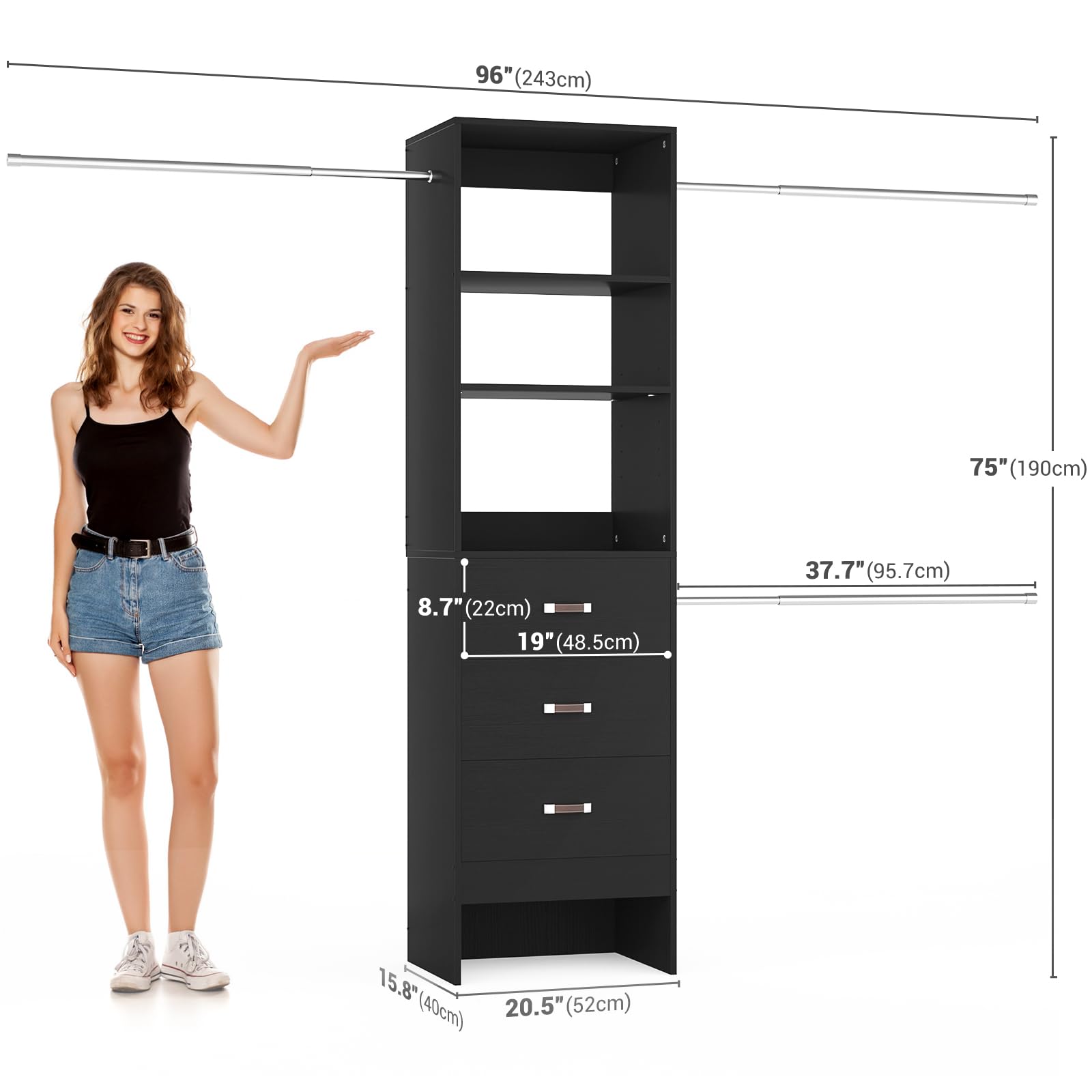 96'' Closet Organizer System with 3 Hanging Rods