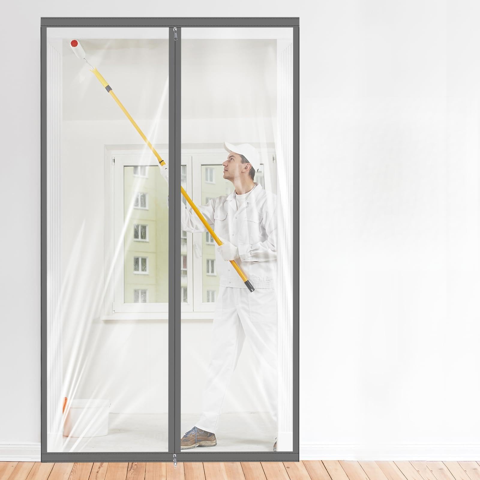 1 Pack Zipper 60 x 102 Inch Dust Barrier Door Kit 5 x 8.5 ft Reusable Temporary Wall Construction Plastic Curtain Cover Containment Standard Gray Doorway Screen Sheeting for Home Renovation