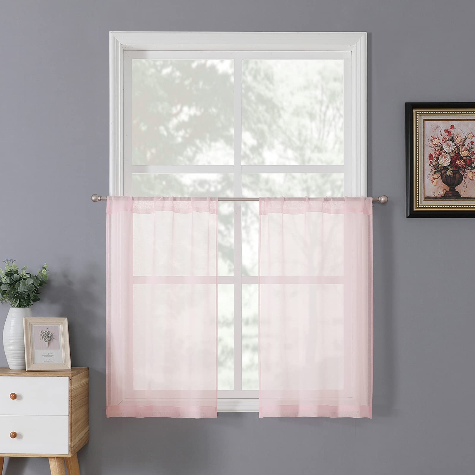 Sheer Tier Curtain Linen Textured Half Kitchen Curtains Sheer Light Filtering Rod Pocket Voile Small Curtains for Bathroom