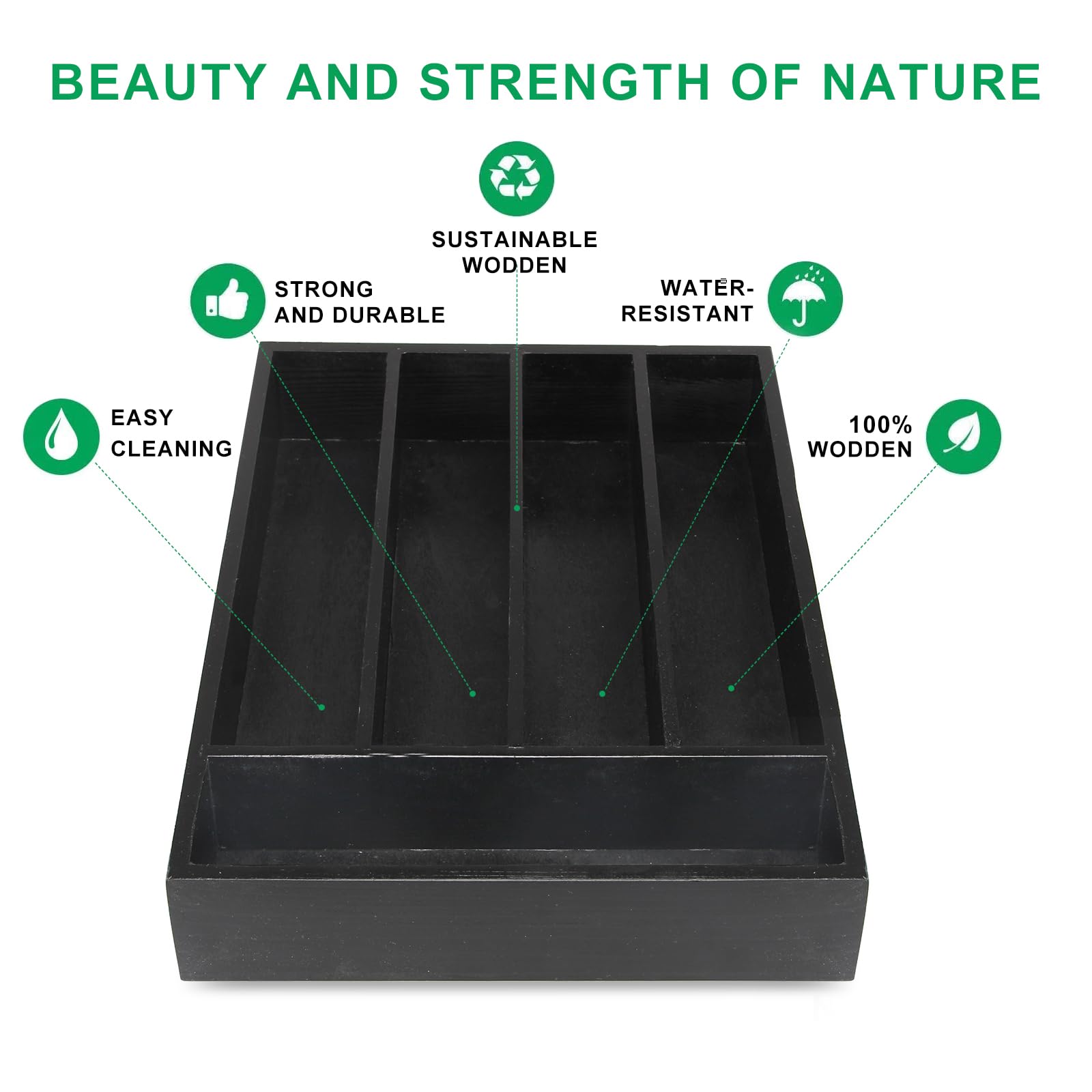 Small Black Wooden Silverware Tray Narrow Kitchen Drawer Utensil Organizer