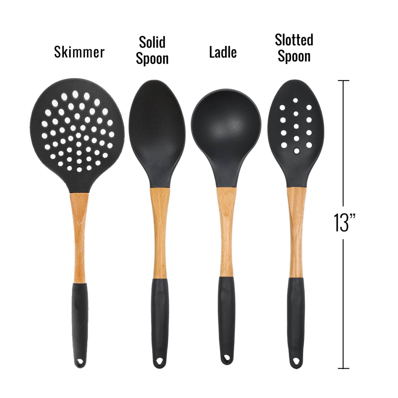 4pc Grey Nylon Cooking Spoons Kitchen Utensils Set with Wooden Handle High Heat Resistance