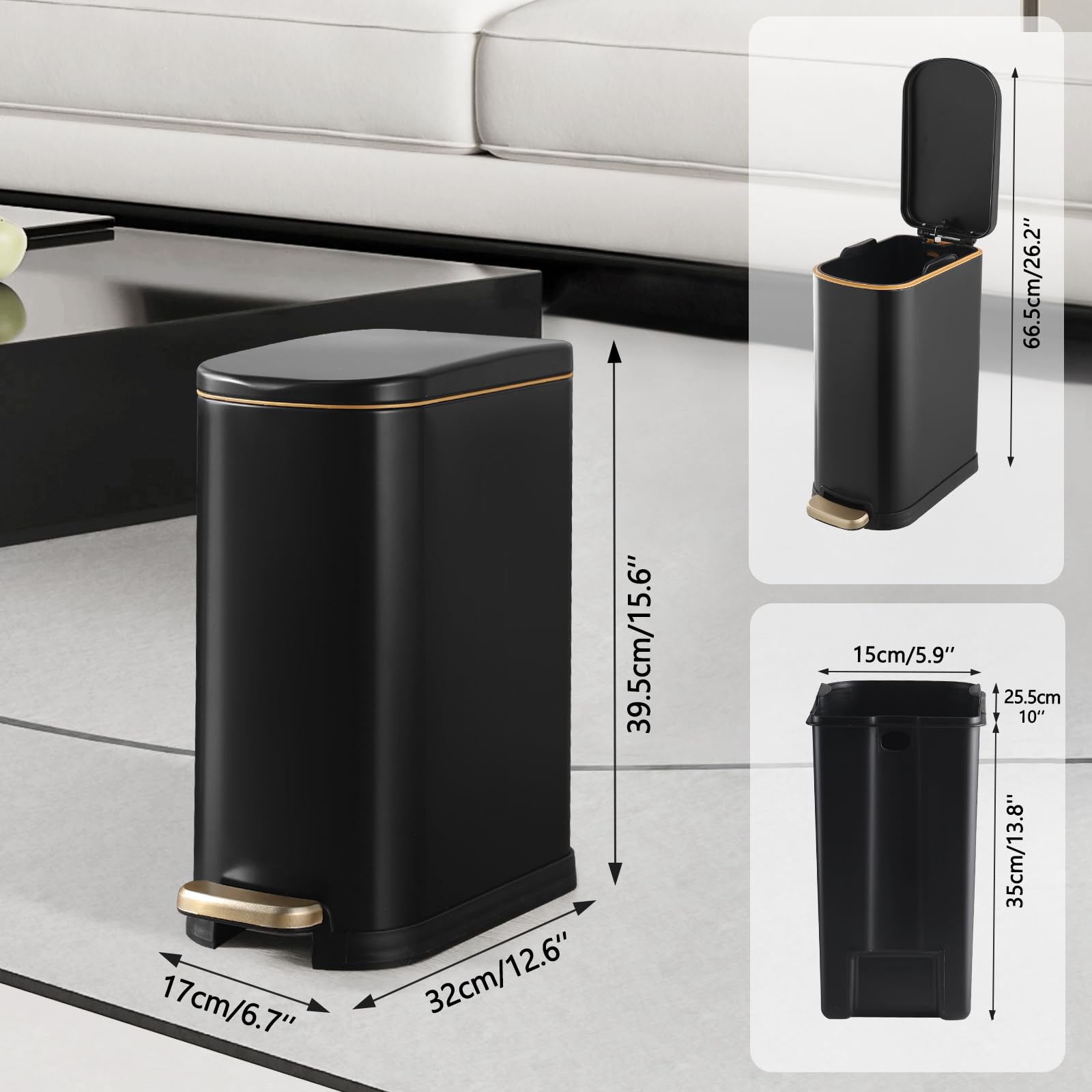 Bathroom Trash Can with Soft Close Lid 3.5 Gallon Matte Black